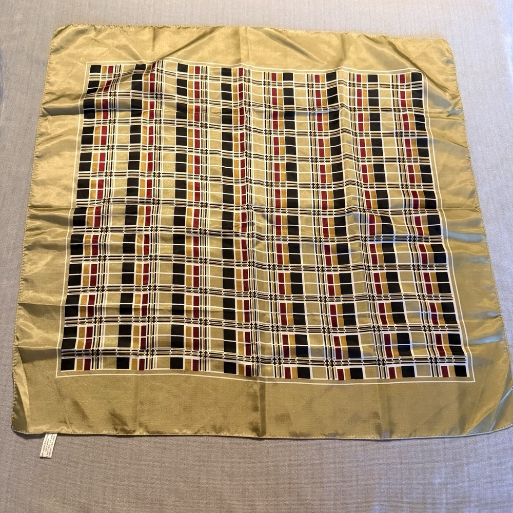 Vintage Nylon Scarf 30x28 Water Repellent Plaid Olive Gold Made Taiwan R.O.C.